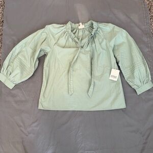 A.n.a Women’s Peasant Top, Small,Sage Green, Long Sleeve, Tie Neck, NWT